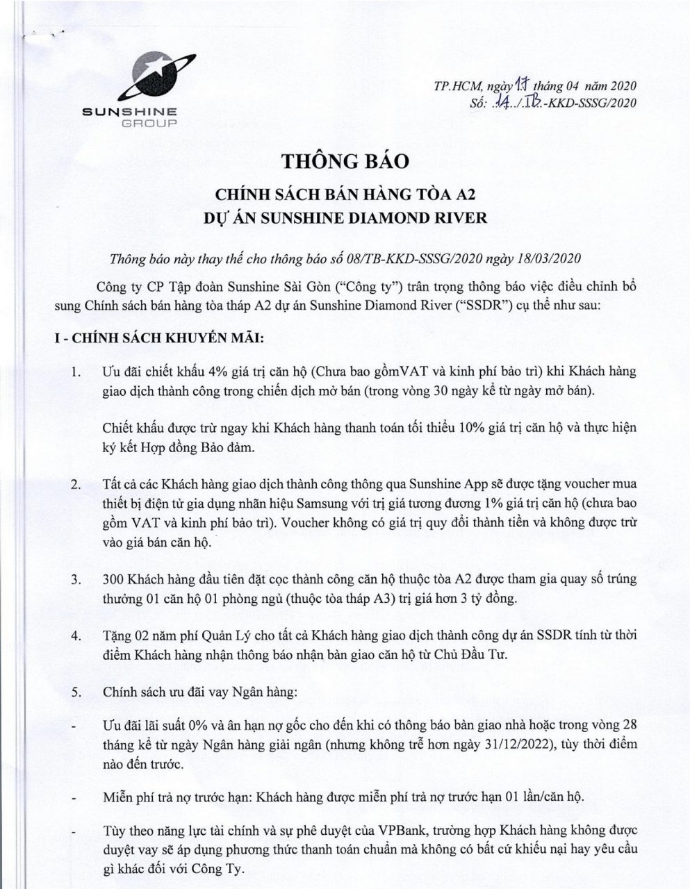 Cập nhật CHÍNH SÁCH THANH TOÁN TÒA A2 DỰ ÁN CĂN HỘ SUNSHINE DIAMOND RIVER năm 2021