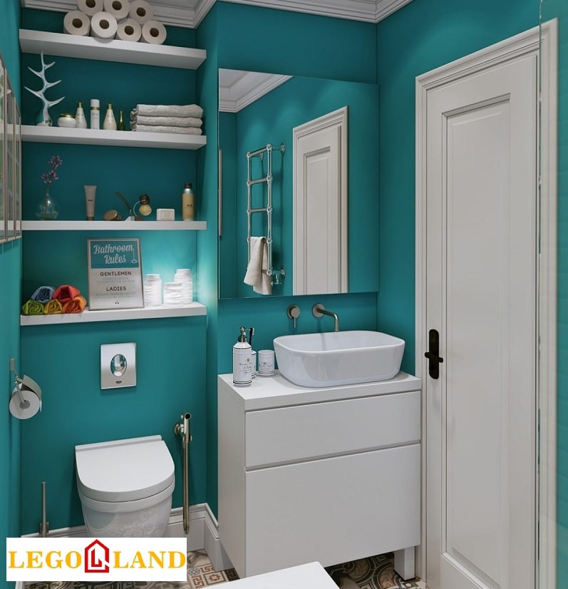 Phòng tắm được kết hợp màu trắng - xanh-min