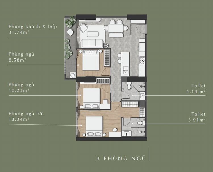 Thiết kế căn hộ 3 phòng ngủ dự án Stella En Tropic